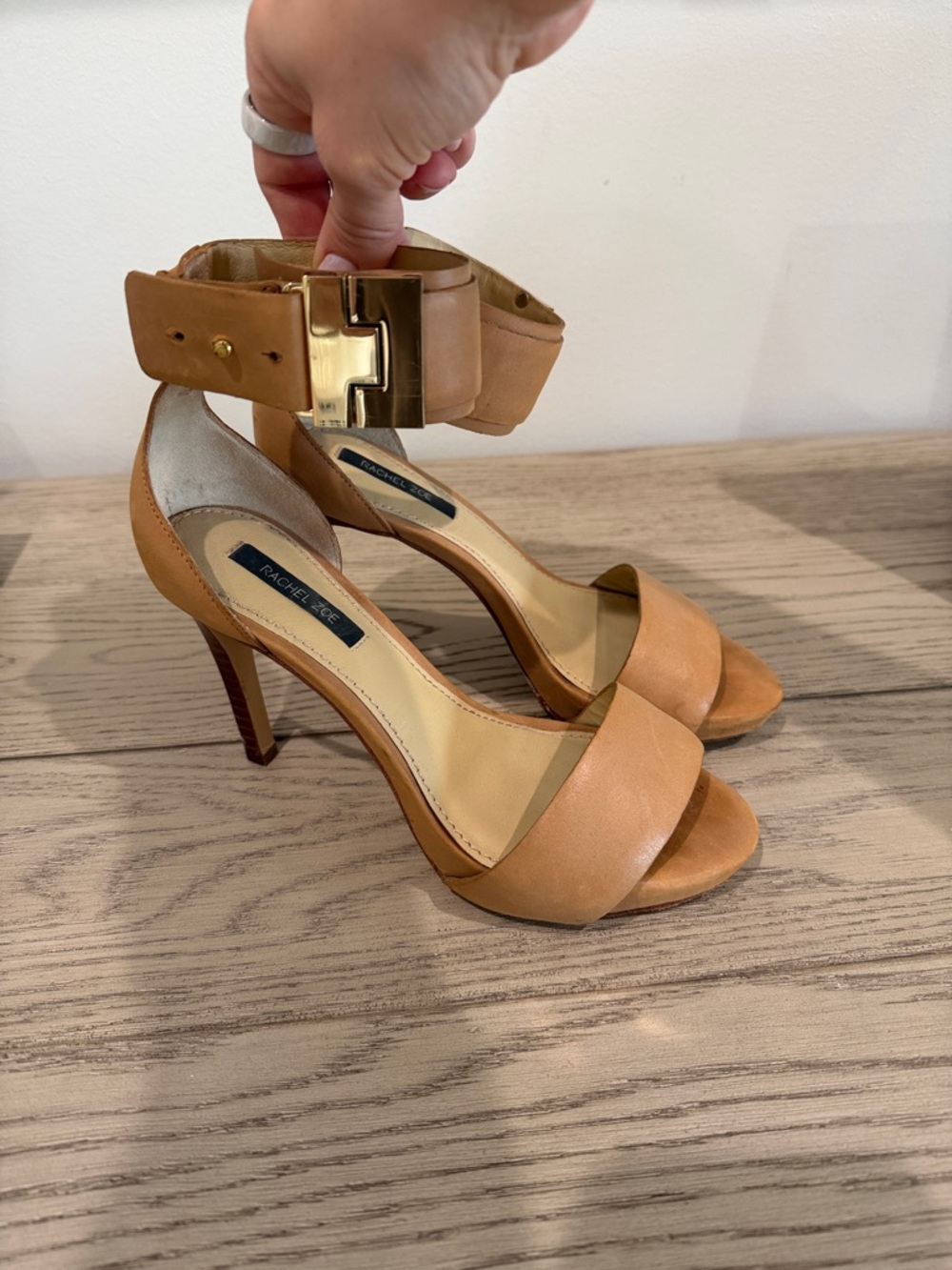 Rachel Zoe Tan Leather Ankle-Strap Stilettos